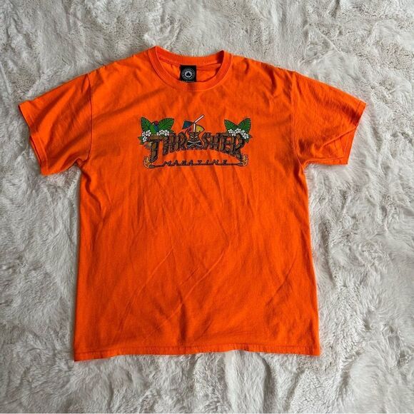 Thrasher Magazine bright orange unisex graphic tee with island theme - Picture 1 of 6